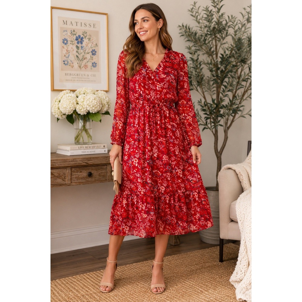 LOFT Midi Dress XL Red Floral Chiffon Lined Long Sleeve Tie Waist Boho Romantic